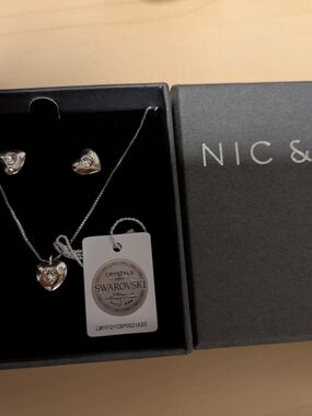 Heart Pendant Necklace and Earrings Set with Swarovski Crystal - Silver